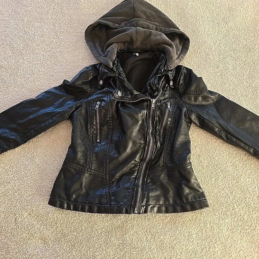 Free‎ People Soft Leather Jacket Moto Bomber Detachable Hood Black Size 4